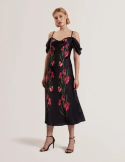 Floral Satin Off Shoulder Bias Midi Dress