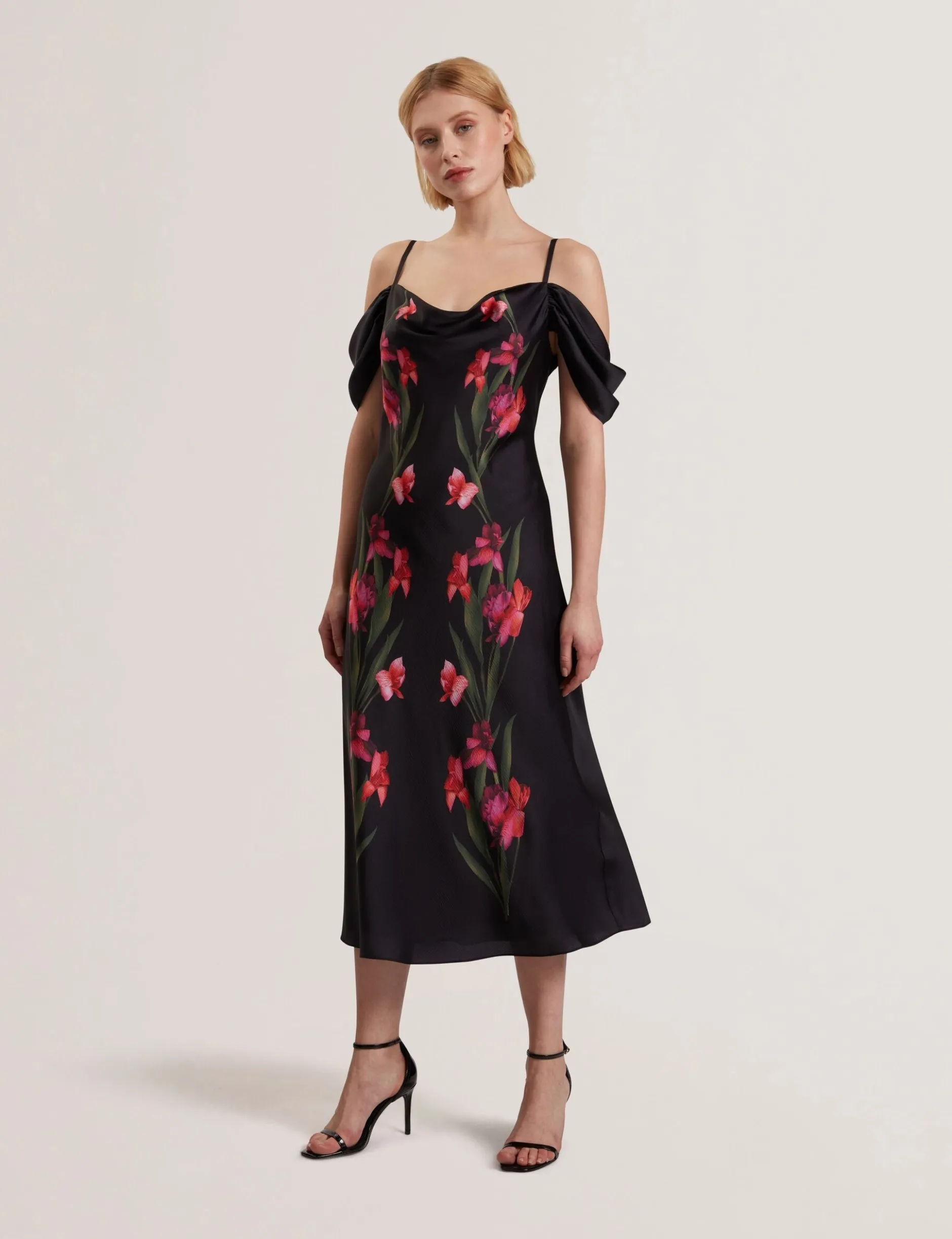 Floral Satin Off Shoulder Bias Midi Dress