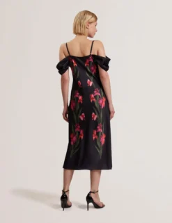 Floral Satin Off Shoulder Bias Midi Dress