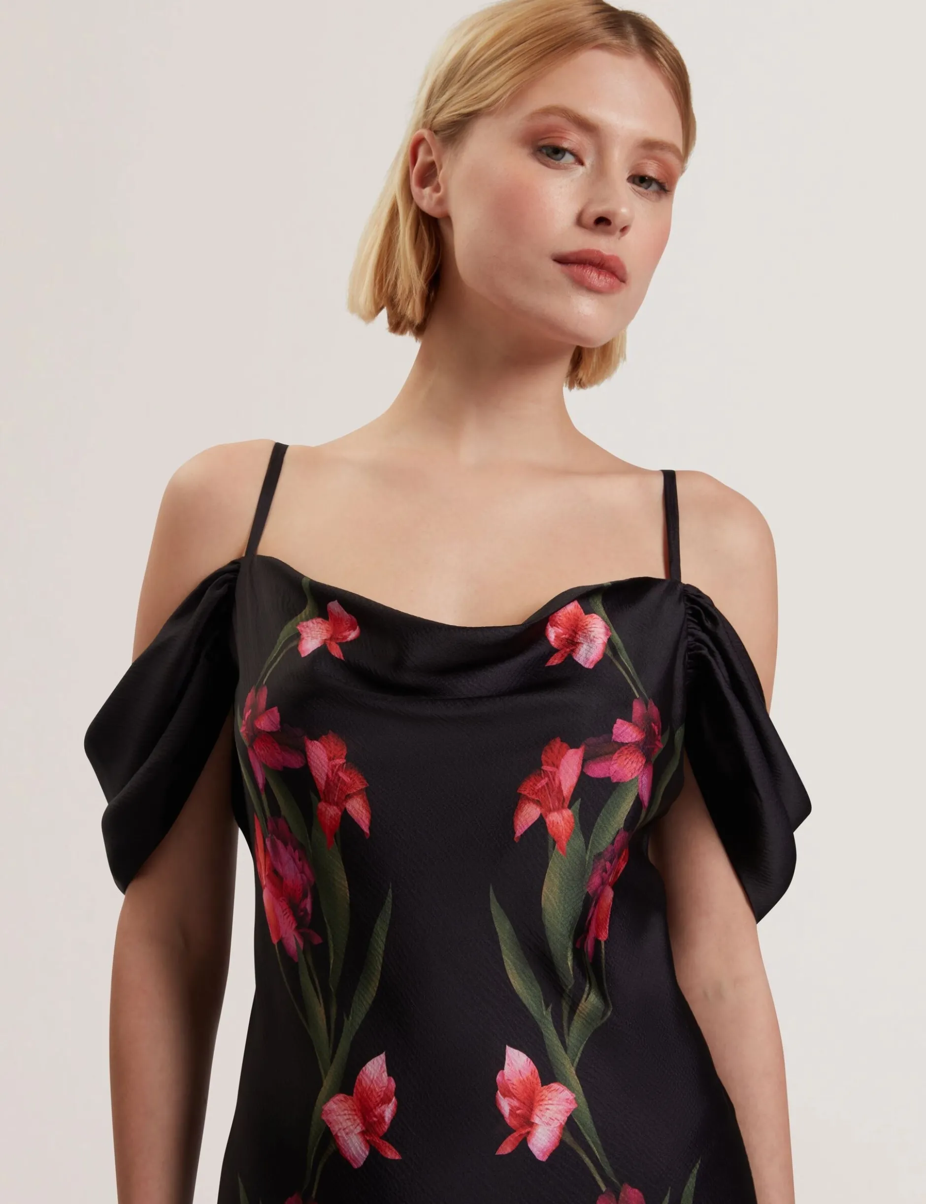 Floral Satin Off Shoulder Bias Midi Dress