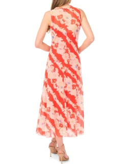 Floral Stripe Sleeveless Mesh Midi Dress