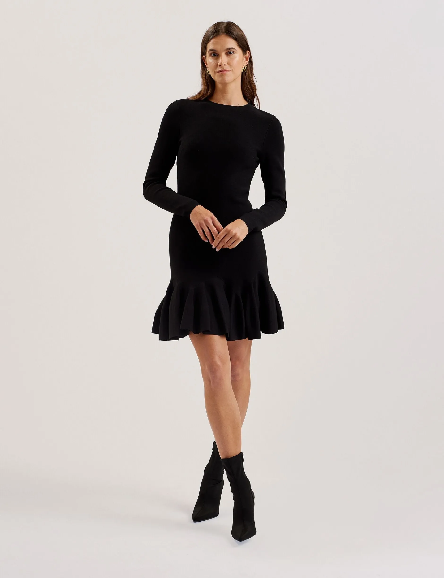 Flounce Hem Long Sleeve Knitted Mini Dress