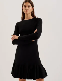 Flounce Hem Long Sleeve Knitted Mini Dress