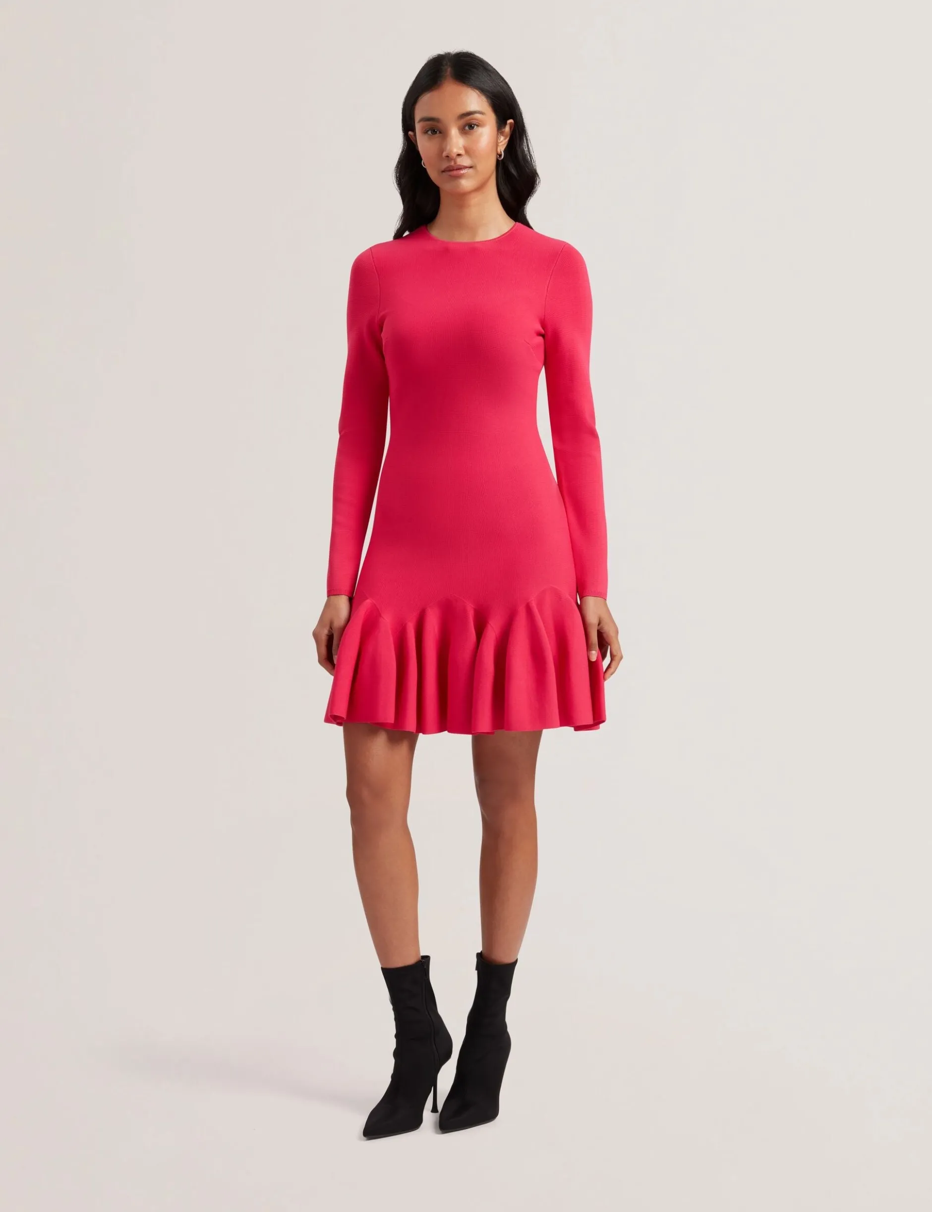 Flounce Hem Long Sleeve Knitted Mini Dress