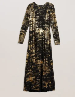 Foil Print Long Sleeve Mesh Midi Dress
