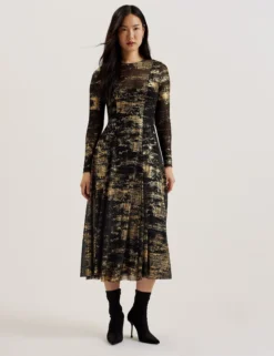 Foil Print Long Sleeve Mesh Midi Dress