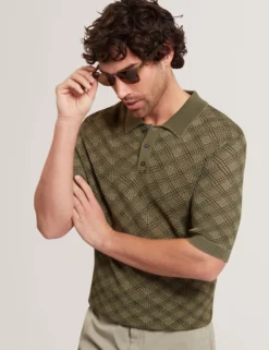 Geometric Open Knit Short Sleeve Polo
