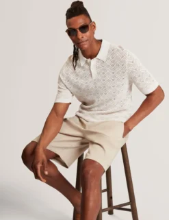 Geometric Open Knit Short Sleeve Polo