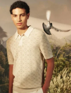 Geometric Open Knit Short Sleeve Polo
