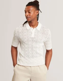 Geometric Open Knit Short Sleeve Polo