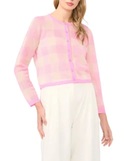 Gingham Knit Crew Neck Cardigan