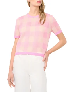 Gingham Woven Knit Short Sleeve Top