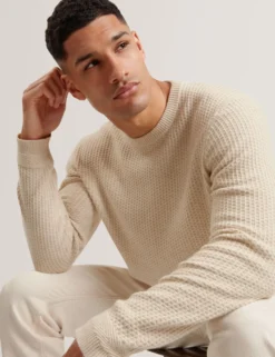 Herringbone Trim Textured Knit Sweater