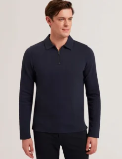 Herringbone Zip Neck Long Sleeve Polo