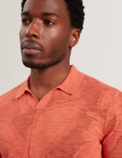 Jacquard Mesh Knit Open Neck Polo