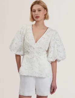 Lace Puff Sleeve V-Neck Peplum Top