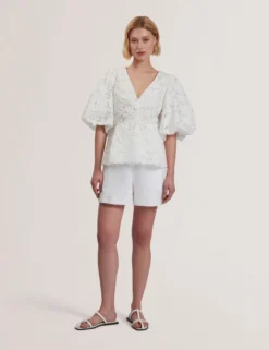 Lace Puff Sleeve V-Neck Peplum Top
