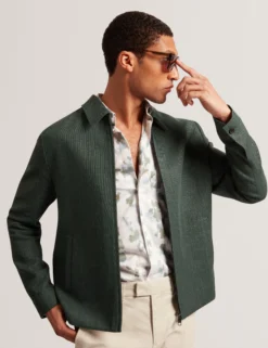 Linen Blend Zip Up Harrington Jacket