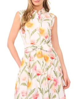 Meadow Print Cotton Sleeveless Shirt Dress