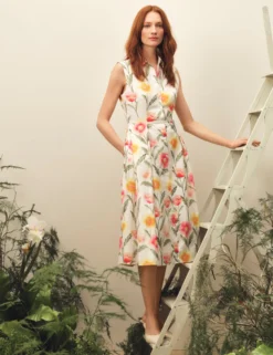 Meadow Print Cotton Sleeveless Shirt Dress