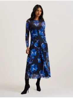Mesh Long Sleeve Printed Dress