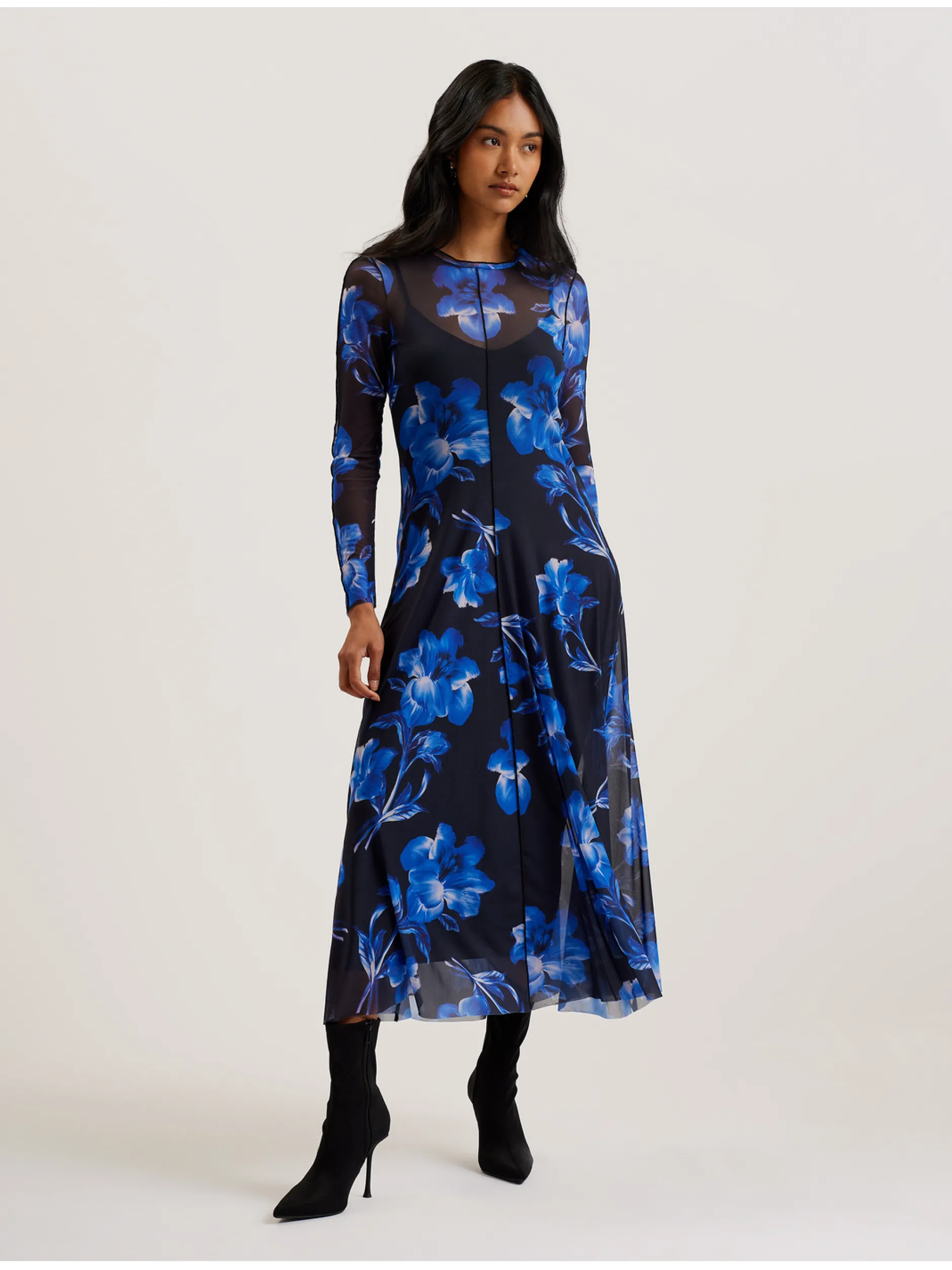 Mesh Long Sleeve Printed Dress