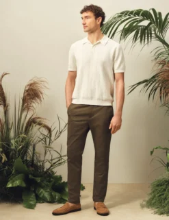 Mixed Texture Cotton Linen Knit Polo