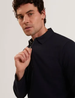 Mixed Texture Zip Neck Long Sleeve Polo