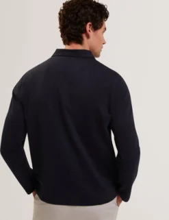 Mixed Texture Zip Neck Long Sleeve Polo