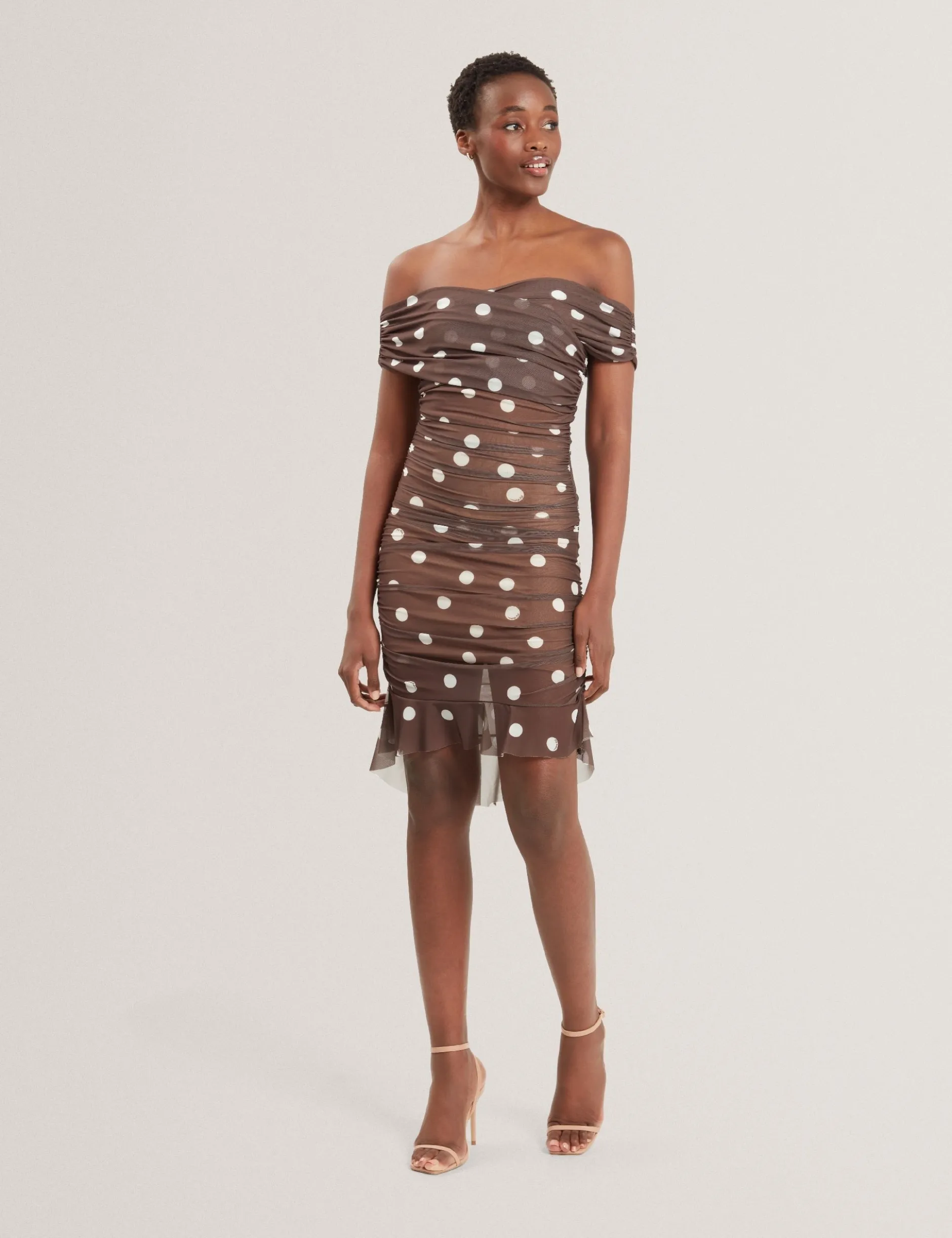 Off-Shoulder Polka Dot Mesh Mini Dress