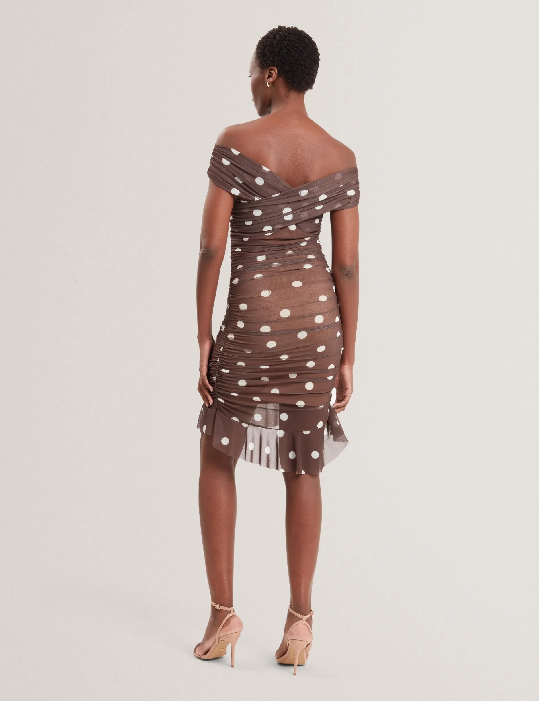 Off-Shoulder Polka Dot Mesh Mini Dress