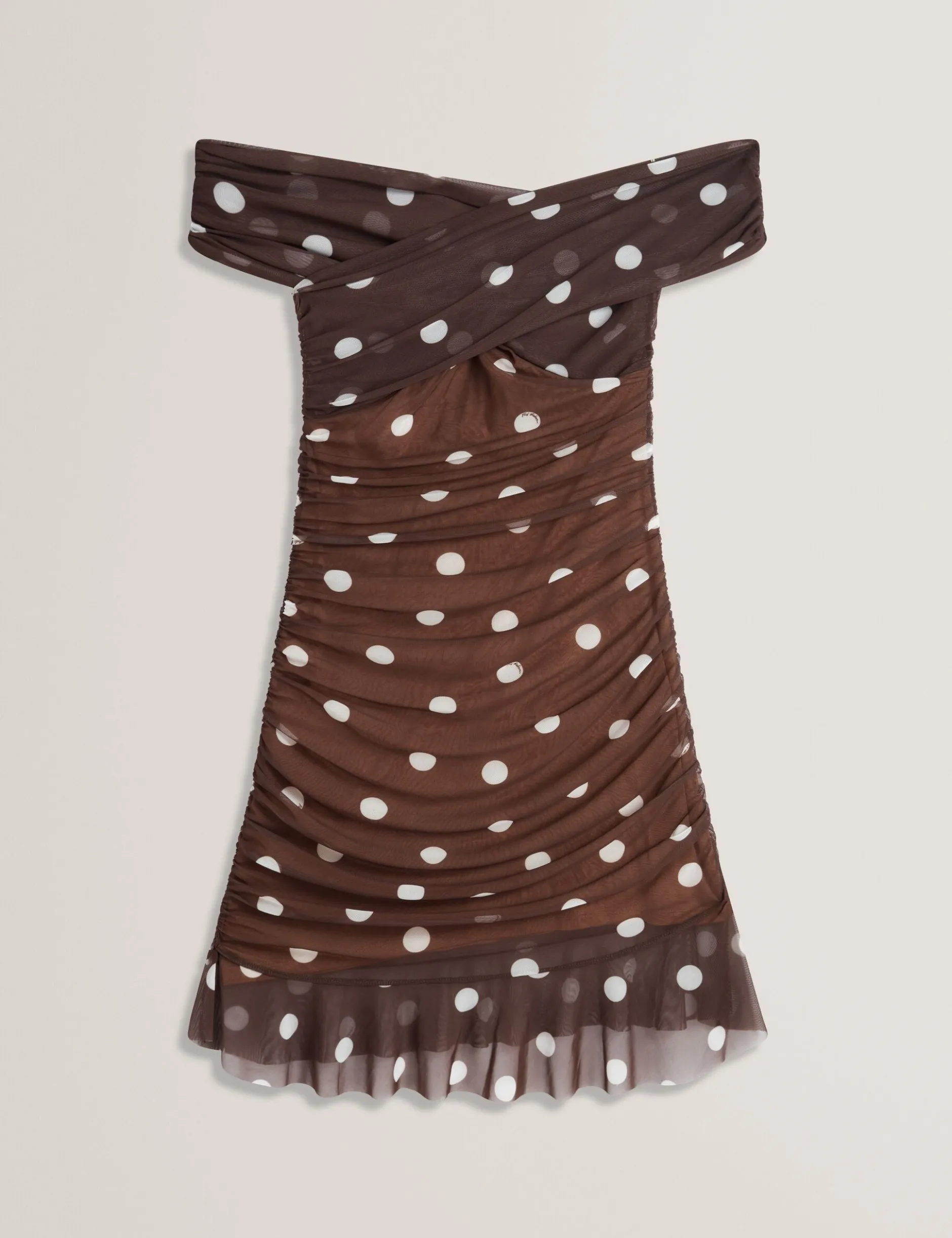 Off-Shoulder Polka Dot Mesh Mini Dress