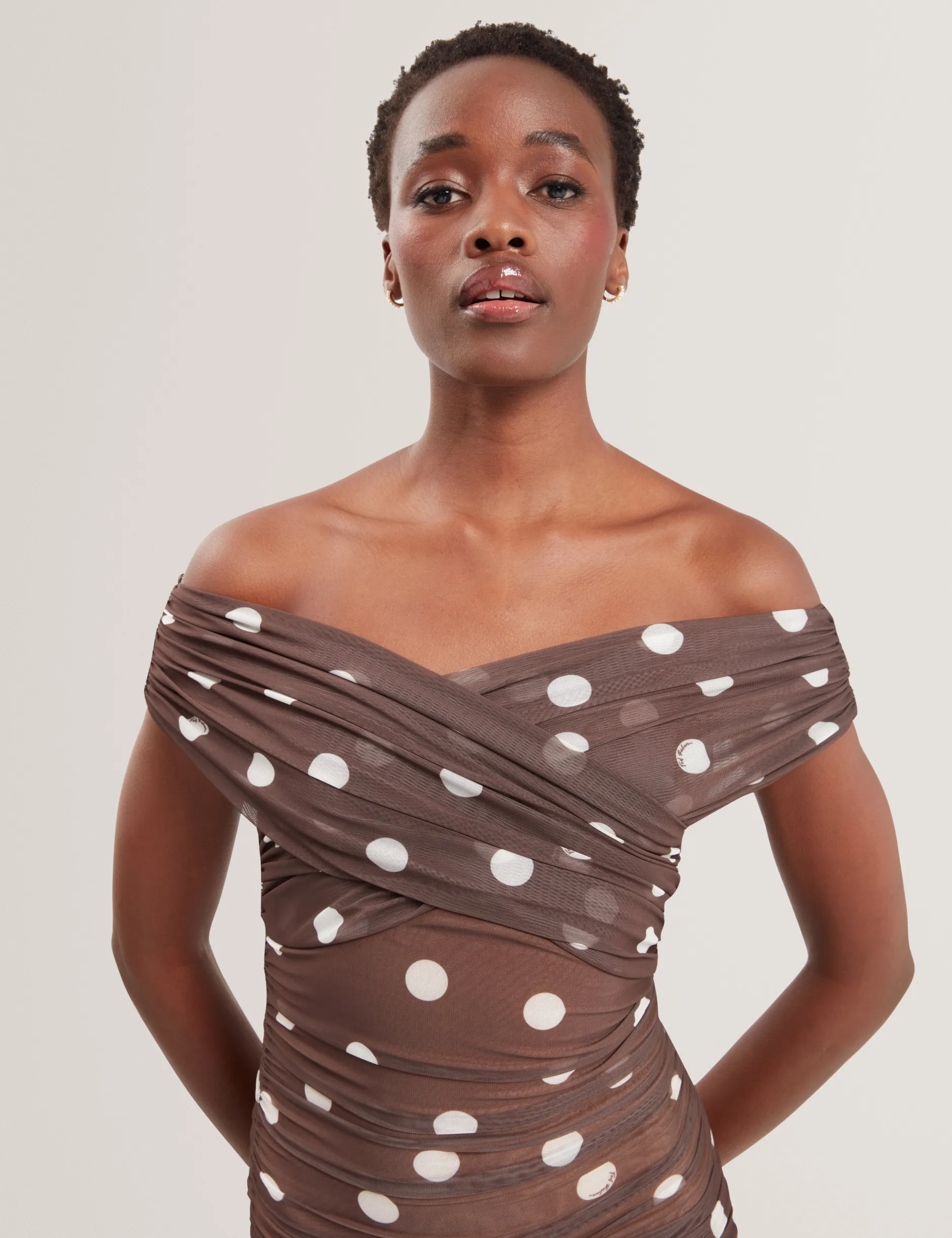 Off-Shoulder Polka Dot Mesh Mini Dress