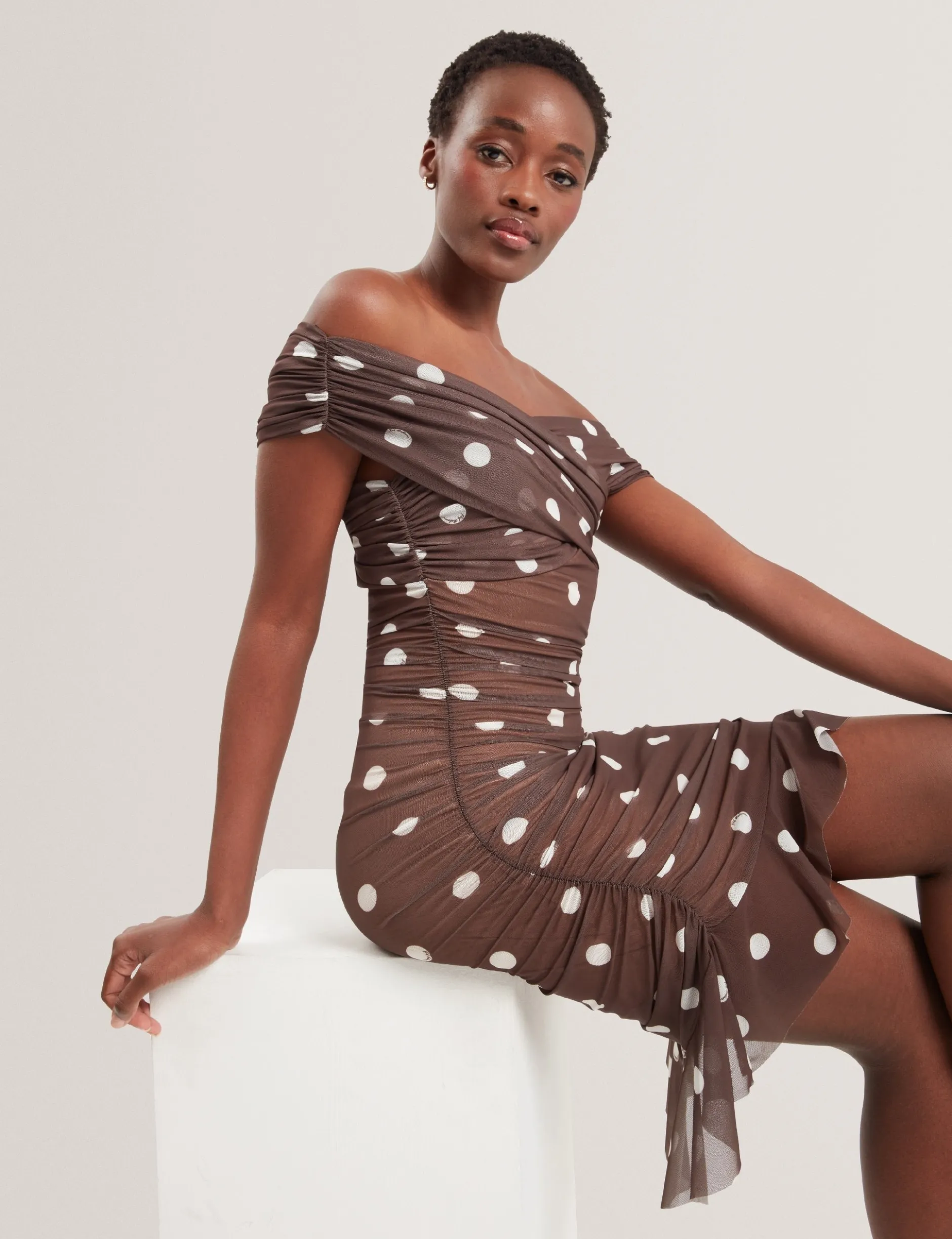 Off-Shoulder Polka Dot Mesh Mini Dress
