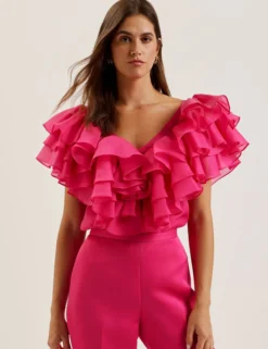 Oversized Frill Trim V-Neck Top