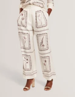 Panel Print Silk Linen Wide Leg Trousers