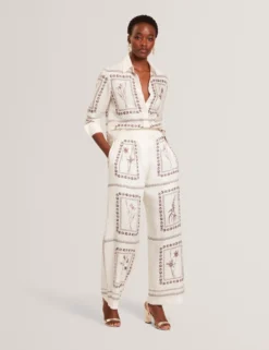 Panel Print Silk Linen Wide Leg Trousers