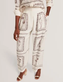 Panel Print Silk Linen Wide Leg Trousers