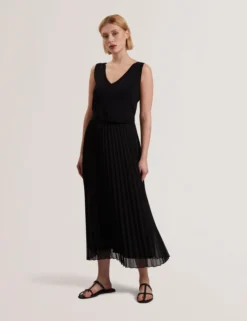 Pleated Midi Dress With Removable Knit Tank