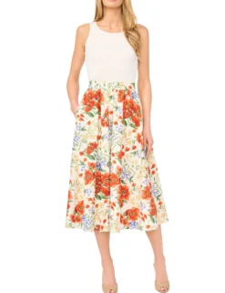 Poppy Print Cotton A-Line Midi Skirt