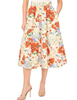 Poppy Print Cotton A-Line Midi Skirt