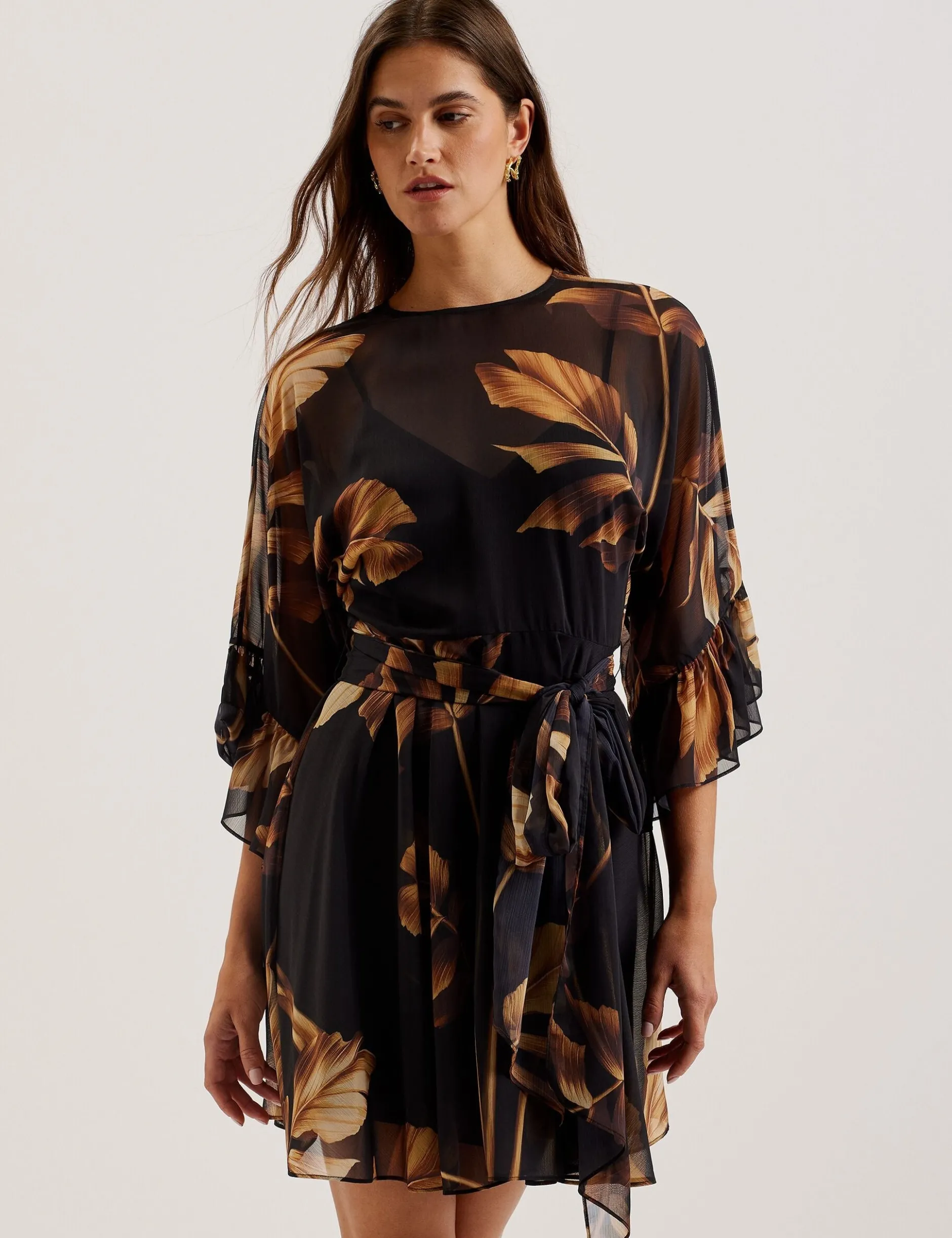 Printed Chiffon Mini Dress With Tie Waist