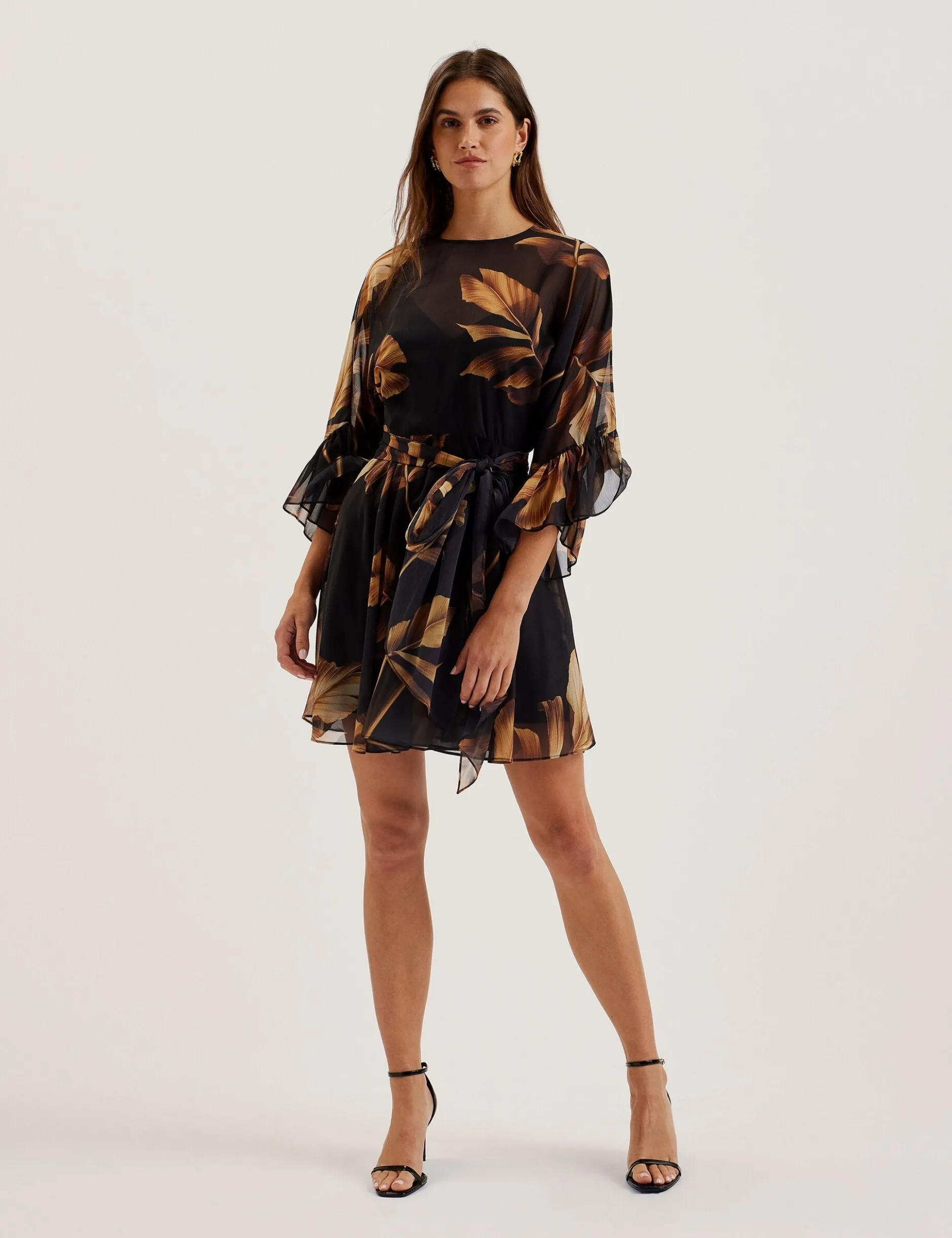 Printed Chiffon Mini Dress With Tie Waist