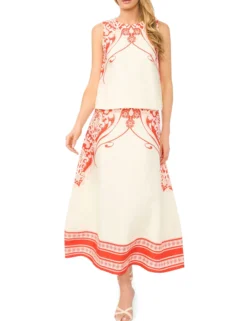 Printed Detail Linen A-Line Midi Skirt