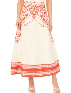 Printed Detail Linen A-Line Midi Skirt