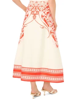 Printed Detail Linen A-Line Midi Skirt