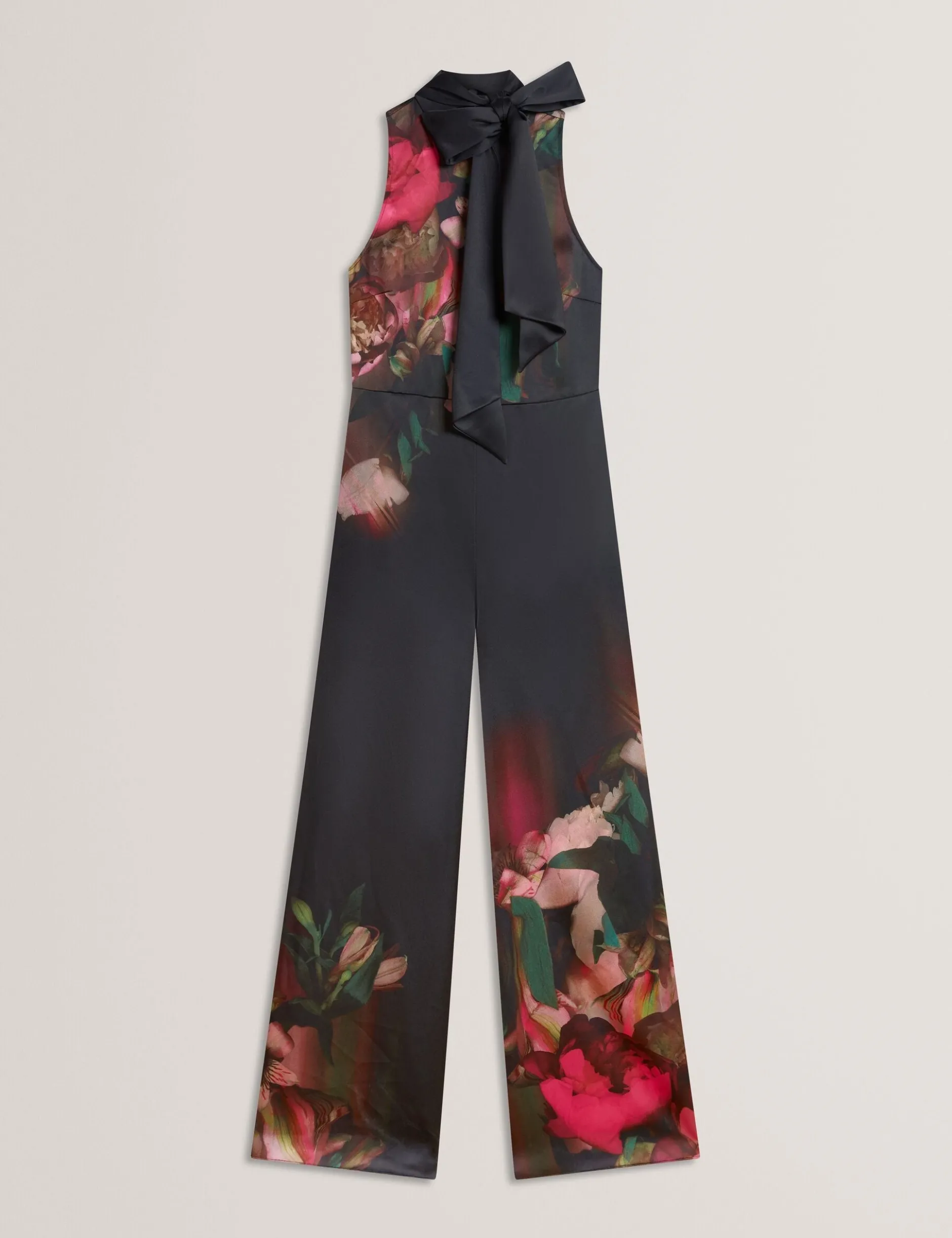 Printed Neck Tie Detail Wide Leg Jumpsuit