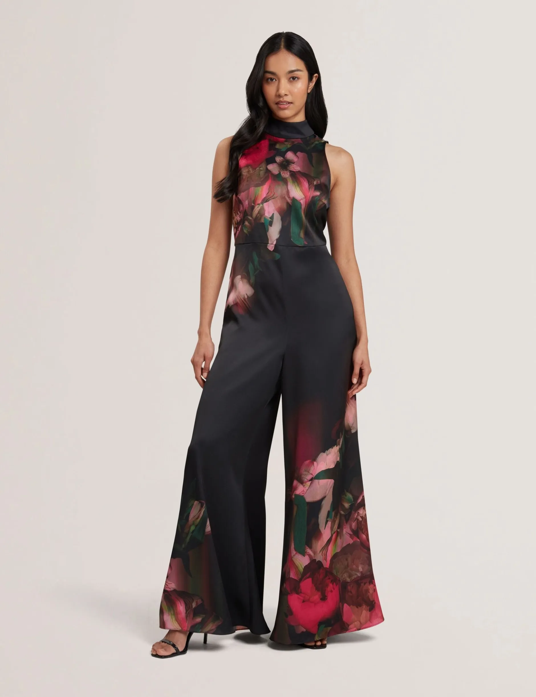 Printed Neck Tie Detail Wide Leg Jumpsuit