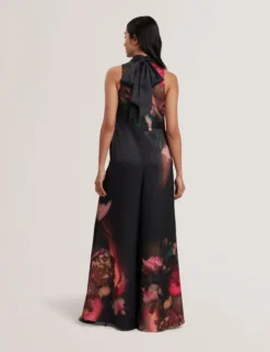 Printed Neck Tie Detail Wide Leg Jumpsuit