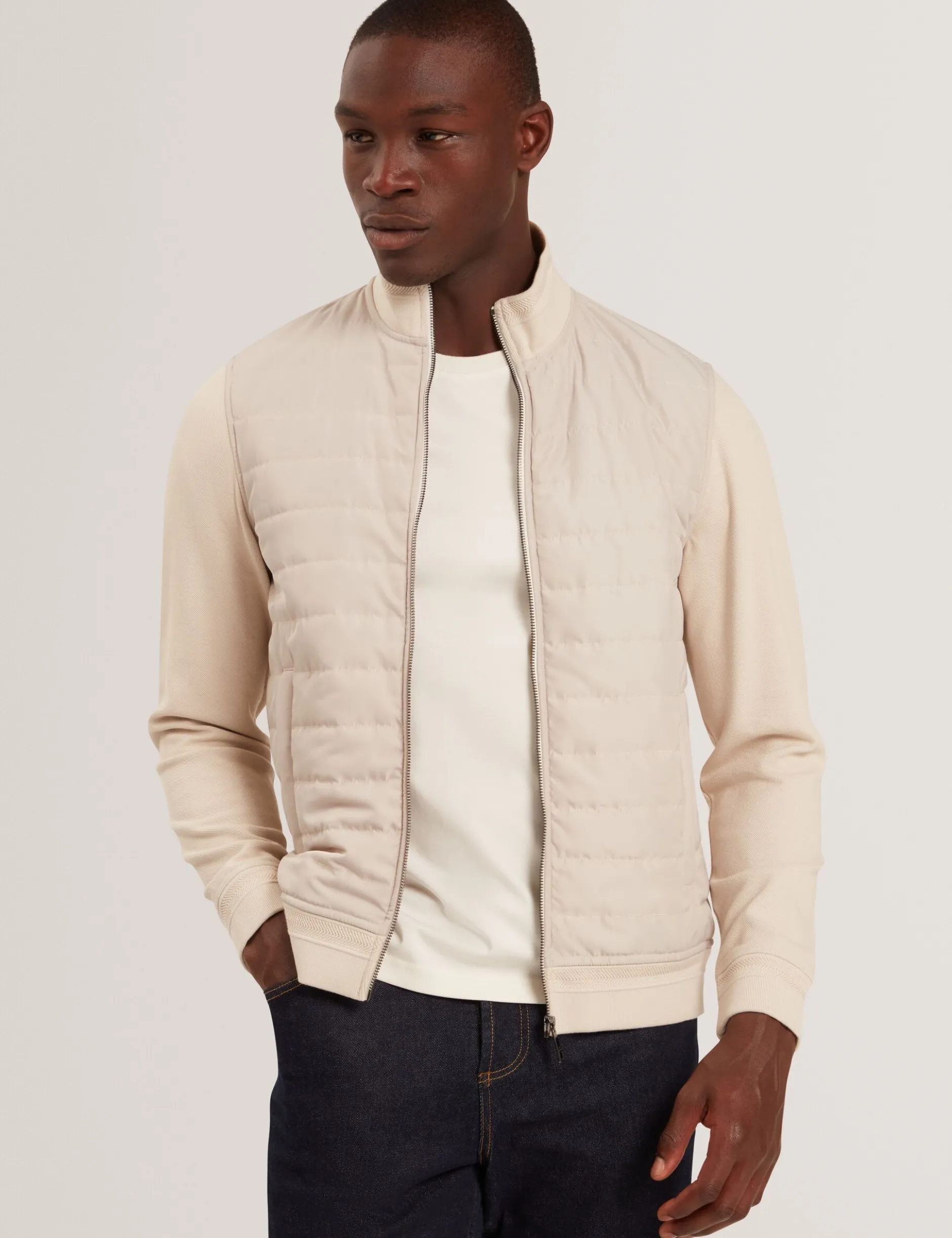 Quilted Front Zip-Through Knit Jacket